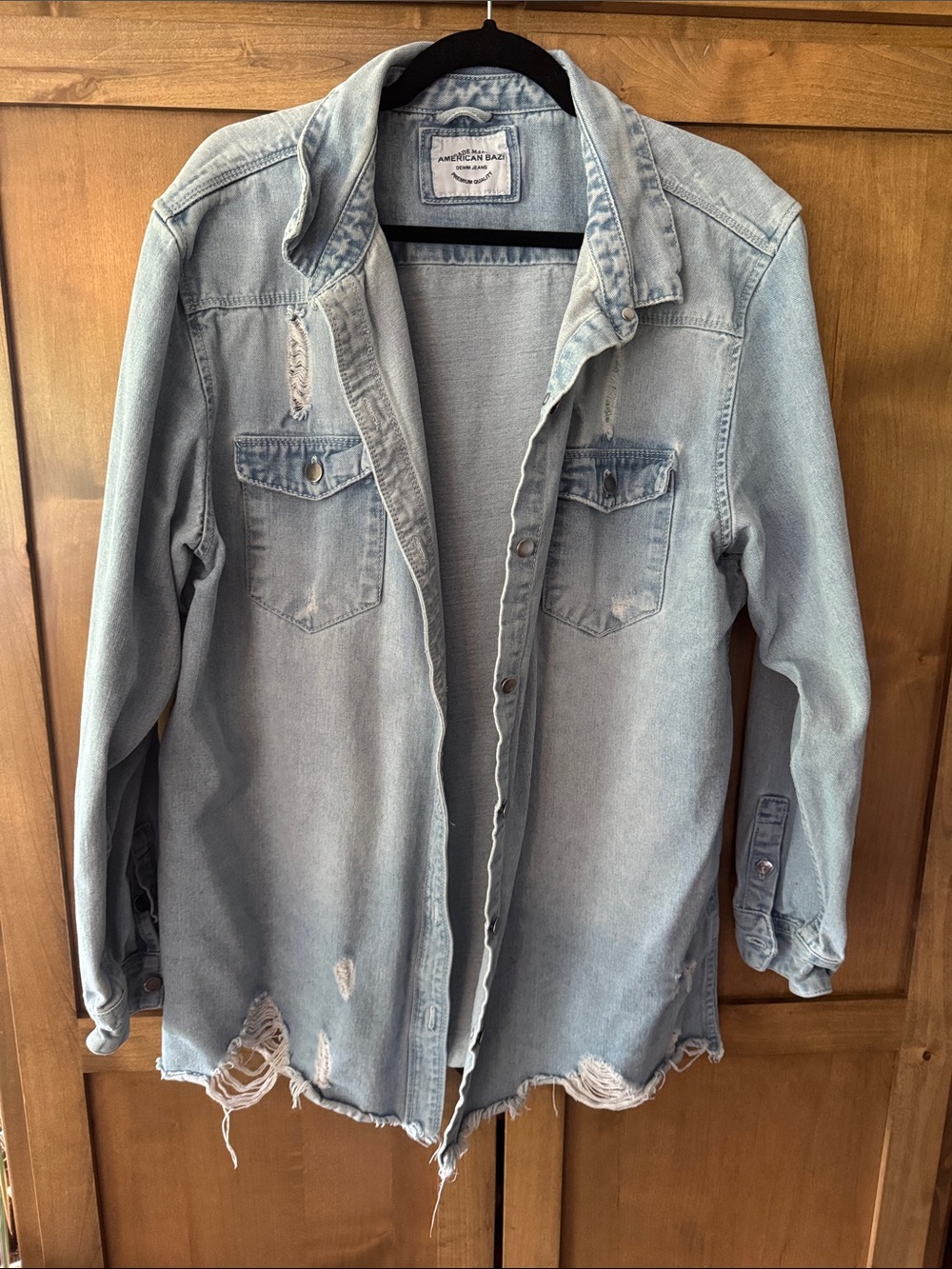 3X Pale Blue Distressed Denim Shacket